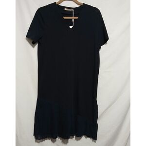 AMII Navy Blue Dress Short‎ Sleeve Casual Party Pleated Hem Women's S